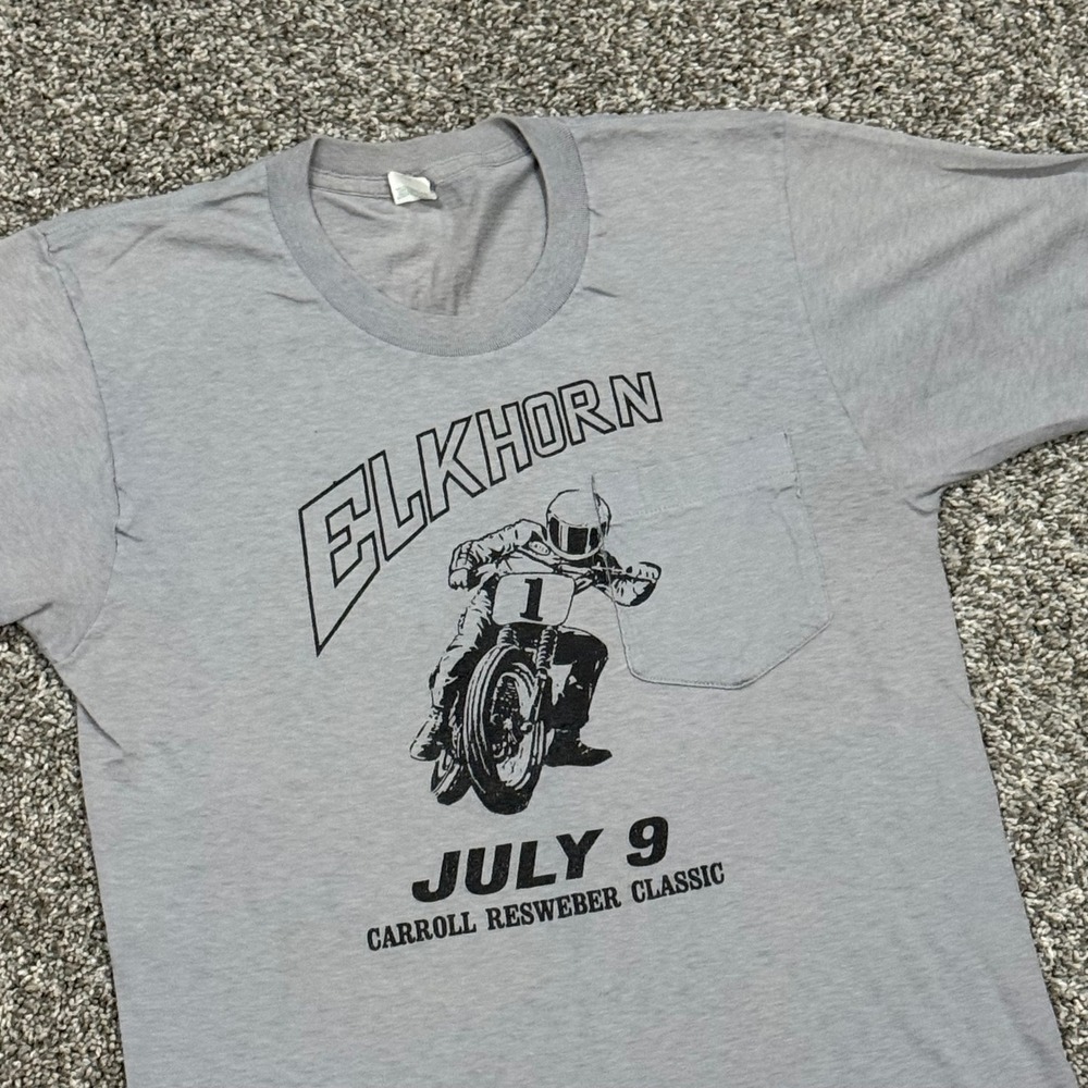 Vintage 80s Harley Davidson Motorcycle Racing Elkhorn WI T-Shirt Grey Mens M USA - Picture 2 of 6